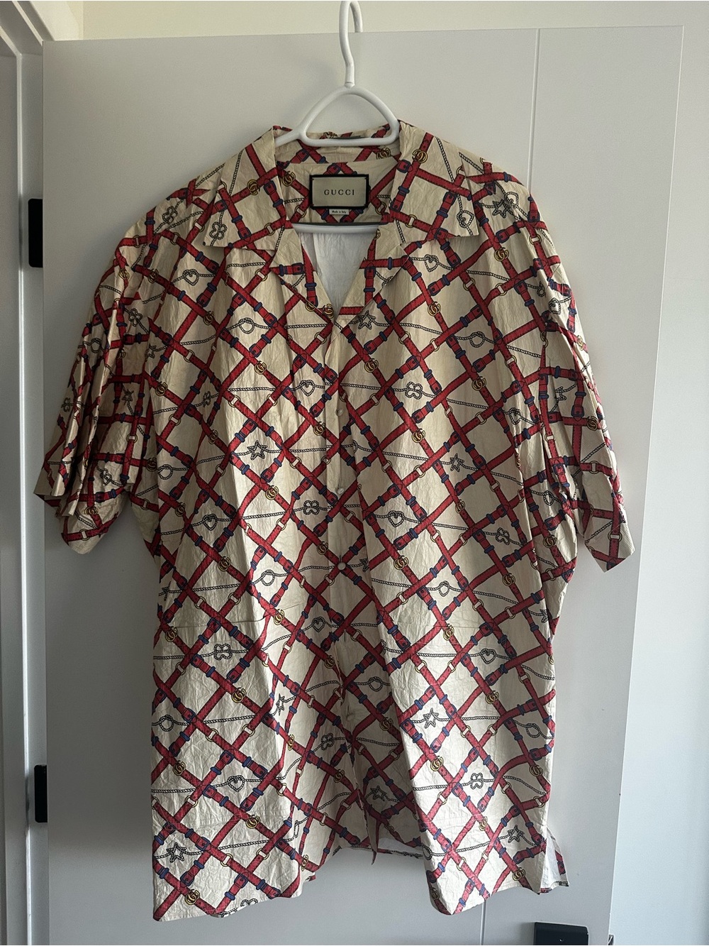 Gucci Beige Shirt with Red and Navy Lattice Print